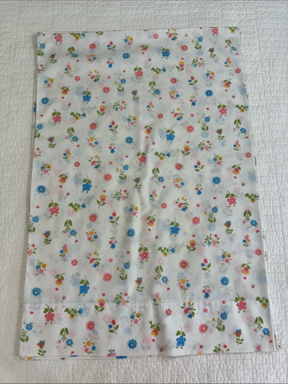 Vintage Floral Cotton Pillowcase White with Pink & Blue Flowers Retro Cottagecor